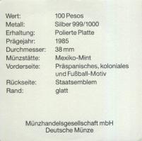 Mexikó 1985. 100P Ag "Mexikói Labdarúgó VB-fejelő kapus" T:PP Tanúsítvánnyal!