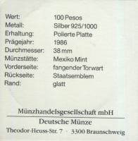 Mexikó 1985. 100P Ag "Mexikói Labdarúgó VB-kapus labdával" T:PP Tanúsítvánnyal!