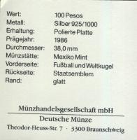 Mexikó 1986. 100P Ag "Mexikói Labdarúgó VB-labda, földgömb" T:PP Tanúsítvánnyal!