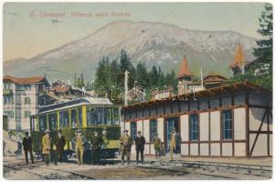 1913 Ótátrafüred, Altschmecks, Stary Smokovec (Magas-Tátra, Vysoké Tatry); Villamos vasútállomás. Fuchs Gyula felvétele és kiadása / tramway station (EK) + "Podolin-Kassa-Budapest 288" vasúti mozgóposta