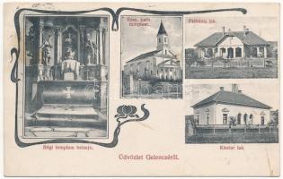 1913 Gelence, Ghelinta; Római katolikus templom, régi templom belseje, plébánia és kántor lak / churches, interior, parish and cantors house. Art Nouveau
