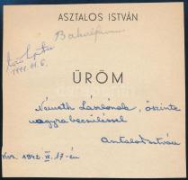 1942 Asztalos István (1909-1960) erdélyi magyar író autográf dedikációja Németh László (1901-1975) Kossuth-díjas író, orvos részére, Üröm c. kötetéből származó kivágáson