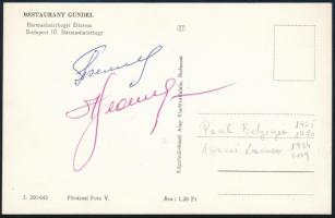 Pavel Ivanovics Beljajev (1925-1970) és Alekszej Arhipovics Leonov (1934-2019) szovjet űrhajósok autográf aláírása a Gundel étterem képeslapján / Autograph signatures of Pavel Belyayev (1925-1970) and Alexei Leonov (1934-2019) Soviet astronauts, on a Gundel Restaurant postcard