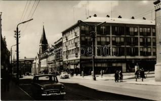1961 Kaposvár, utca, autók, Hanglemez és hangszer bolt, üzlet, építkezés. Képzőművészeti Alap