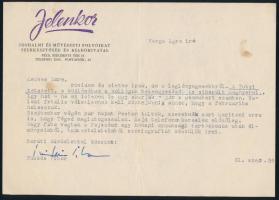 1961 Tüskés Tibor (1930-2009) író, kritikus, a Jelenkor folyóirat főszerkesztőjének levele Varga Imre (1919-1989) író részére, a Jelenkor szerkesztőségének fejléces levélpapírján, rajta autográf aláírásával