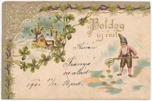 1901 Boldog új évet! Dombornyomott szecessziós litho lap törpével / New Year greeting, embossed Art Nouveau, litho, dwarf