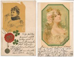 2 db RÉGI szecessziós litho hölgy képeslap / 2 pre-1905 Art Nouveau, lady litho greeting postcards