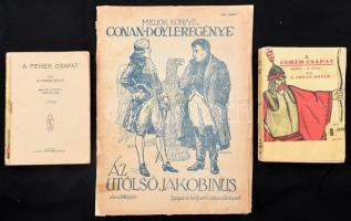 Arthur Conan Doyle 2 műve:   Arthur Conan Doyle: A fehér csapat I-II. köt. Ford.: Früchtl Ede. Bp., 1928., Légrády. A borító rajza Byssz Róbert munkája. Kiadói illusztrált papírkötés, az egyik kötet elülső borítója hiányzik.;   Az utolsó jakobinus. Milliók könyve. Bp., én., Singer és Wolfner. A borító Haranghy Jenő munkája. Kiadói illusztrált papírkötés, javított elülső borítóval, pótolt hátsó borítóval, javított gerinccel.
