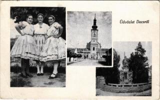 1943 Decs (Tolna), templom, Hősök szobra, népviselet. Átal András dohányáruda kiadása (EK)