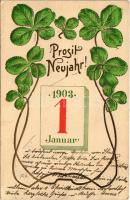 1903 Prosit Neujahr! / New Year greeting art postcard with clovers. Art Nouveau, Emb. litho (lyuk / pinhole)