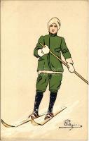 Síelő, téli sport / Winter sport art postcard. Skiing. litho s: Pellegrini