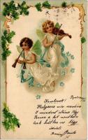 1900 Angyalos üdvözlőlap / Greeting with angels. Art Nouveau, floral, litho