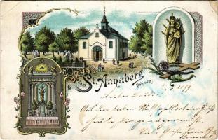 1899 (Vorläufer) Lipová, Hainspach; Gruss vom St. Annaberg (Böhmen) / Anensky vrch / pilgrimage site, chapel, altar. Art Nouveau, floral, litho (EB)