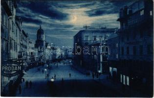Fiume, Rijeka; Corso Re V. Emanuele III, notturno, Farmacia Prodam / street at night, pharmacy / utca este, gyógyszertár