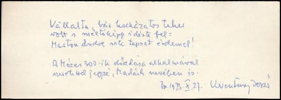 1973 Keresztury Dezső (1904-1996) író saját kézzel írt gratuláló versikéje Marton Endre rendezőnek a Mózes 300. előadása alkalmából