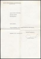 1977 Aczél György (1917-1991) miniszterelnök-helyettes, kultúrpolitikus saját kézzel aláírt, gépelt levele, melyben megköszöni Marton Endrének, hogy elhozta Erdélyből Sütő András Káin és Ábel című drámáját, eredeti borítékjában