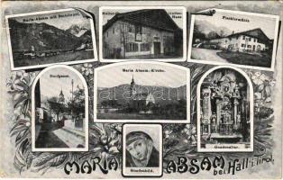 1919 Absam (Tirol), Maria-Absam mit Bettelwurf, Mutter-Gottes-Haus, Fischlermühle, Dorfgasse, Maria-Absam-Kirche, Gnadenaltar, Gnadenbild / street view, mill, pilgrimage church, altar. Art Nouveau, floral (EK)