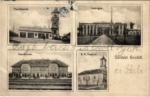 1927 Ercsi, vasútállomás, Cukorgyár, Tűzoltószertár, Római katolikus templom. Hambalgó István kiadása (EK)