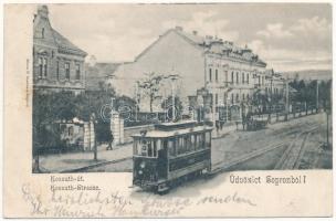 1903 Sopron, Kossuth út, villamos, Kraus Ferenc üzlete. Blum N. kiadása (EK)