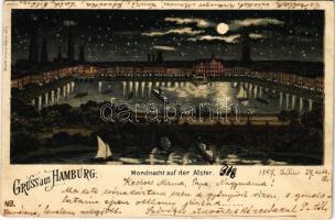 1897 (Vorläufer!) Hamburg, Mondnacht auf der Alster / moonlit night, bridge. litho (fl)