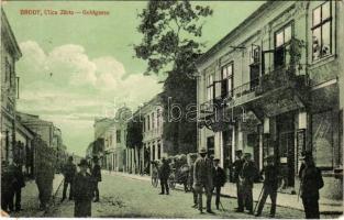 1916 Brody, Ulica Zlota / Goldgasse / street view, shops. Verlag Jacob Kojcim + Batterie Nr. 4. des k.u.k. Feldhaubitzregiments Nr. 83. (worn corners)