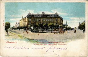 1901 Temesvár, Timisoara; Küttel tér, Városi bárpalota, villamos / square, municipal palace, tram (EK)