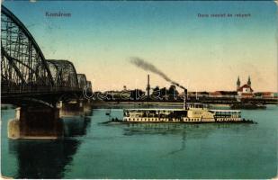 1911 Komárom, Komárnó; Duna és rakpark, WACHAU lapátkerekes ingahajó / Danube, bridge, pasenger padder