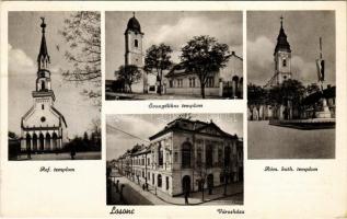 Losonc, Lucenec; Református, evangélikus és római katolikus templom, városháza / churches, town hall (Rb)