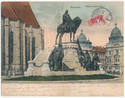 1910 Kolozsvár, Cluj; Mátyás király szobor. Két oldalas kinyitható panorámalap / statue. 2-tiled folding panoramacard (hajtásnál szakadt / benmt til broken)