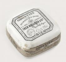 Kis doboz Odontine cégtől, fogászati kellék tartó fogpor, 1900 körül, Bécs, kopott, 6,5x6,5cm, Kopot etiketten olvasható: Fogpor szilárd állapotban