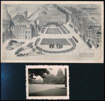 1928 A budapesti Kossuth Lajos tér kertészeti látványterve nyomaton, Räde K. szfv. kertész terve alapján és egy fotórészlet a megvalósításról, 5×6,5 és 9×14,5 cm