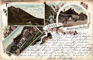 1897 (Vorläufer!) Maria Schutz, Mariaschutz; Hotel Bellevue, Gasthof Prasch / pilgrimage site, hotel, inn. Carl Otto Hayd Art Nouveau, floral, litho (EB)