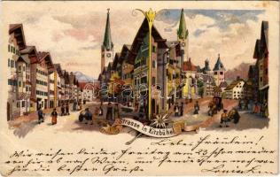 1901 Kitzbühel (Tirol), Strasse / street view. Art Nouveau, floral, litho (EB)
