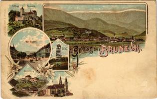 Bruneck, Brunico (Südtirol); Schloss Bruneck, Der Graben, Kaiser-Warte, Sonnenburg, Kirche / castle, street view, church. Ottmar Zieher Art Nouveau, floral, litho (glue marks)