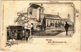 1902 Nagyszeben, Hermannstadt, Sibiu; Grosser Ring, Karl Graef könyvnyomdája és saját kiadása, üzlet / square, book printing shop. Art Nouveau, floral (EB)