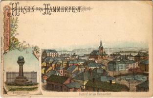 Hammerfest, Hilsen fra... Meridianstötten, Parti af det nye Hammerfest. Forlagt af G. Hagen 1893. / monument. Art Nouveau, floral, litho (EK)