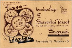 1936 Szeredai József szegedi paprika export telep reklámlapja: levestészták / Hungarian pepper export advertising card: soup pasta s: Fábián
