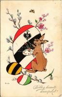 1915 Boldog húsvéti ünnepeket! Viribus Unitis propaganda, nyuszi / Happy Easter, Viribus Unitis propaganda with rabbit. H.H. i. W. Nr. 1341. s: Hatz (ázott sarok / wet corner)