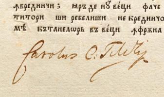 cca 1780-1800 Régi cirill-betűs román nyelvű okirat, nyomtatott, autográf aláírásokkal, közte: Carol...
