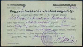 1922 Kiszombor, vadász fegyverviselési engedélye