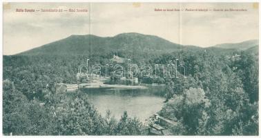 1940 Szovátafürdő, Baile Sovata; Medve-tó látképe. Három részes kinyitható panorámalap / Vedere cu Lacul Ursu / Ansicht des Bärenteiches / lake. 3-tiled folding panoramacard