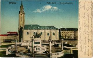Nagyvárad, Oradea; Egyesülési tér, szobor, templom, villamos / Piata Unirii / square, church, statue, tram (Rb)