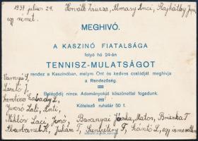 1937 Kalocsa, meghívó a Kaszinó fiatalságának tenisz mulatságára