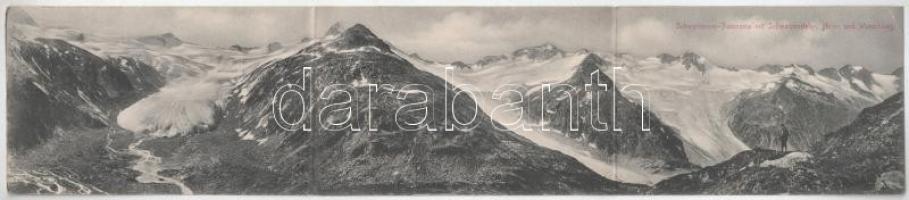 Zillertaler Alpen, Zillertal Alps (Tirol); Schwarzensee-Panorama mit Schwarzenstein-, Horn- und Waxeckkees / mountains. 3-tiled folding panoramacard (EK)
