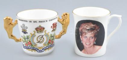 2 db angol porcelán Lady Diana emlékbögre (házasságának ill. halálának alkalmából). Matricás, jelzett, hibátlan, m: 8-9 cm