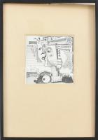 PJ jelzéssel: Szürrealista kompozíció. Tus, papír, sérült keretben, 11x11cm