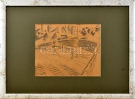 Kádár Béla (1877-1956): Város. Ceruza, papír, üvegezett keretben. Jelzés nélkül. 18X22 cm (Bécsi mappából rajztanulmány)