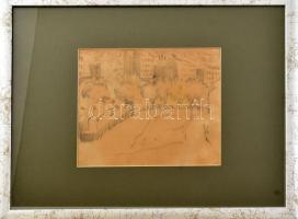 Kádár Béla (1877-1956): Város. Ceruza, papír, apró szakadással, üvegezett keretben. Jelzés nélkül. 17,5X22 cm (Bécsi mappából rajztanulmány)