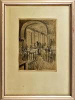 Schönberger Armand (1885-1974): Kávéház. Szén, papír, üvegezett keretben. Jelzett, 27,5x19,5cm