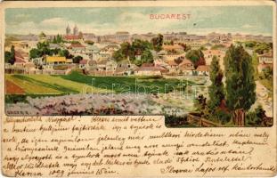 1899 (Vorläufer) Bucharest, Bukarest, Bucuresti, Bucuresci; látkép / general view. Kosmos Műintézet litho s: Geiger R. (EK)